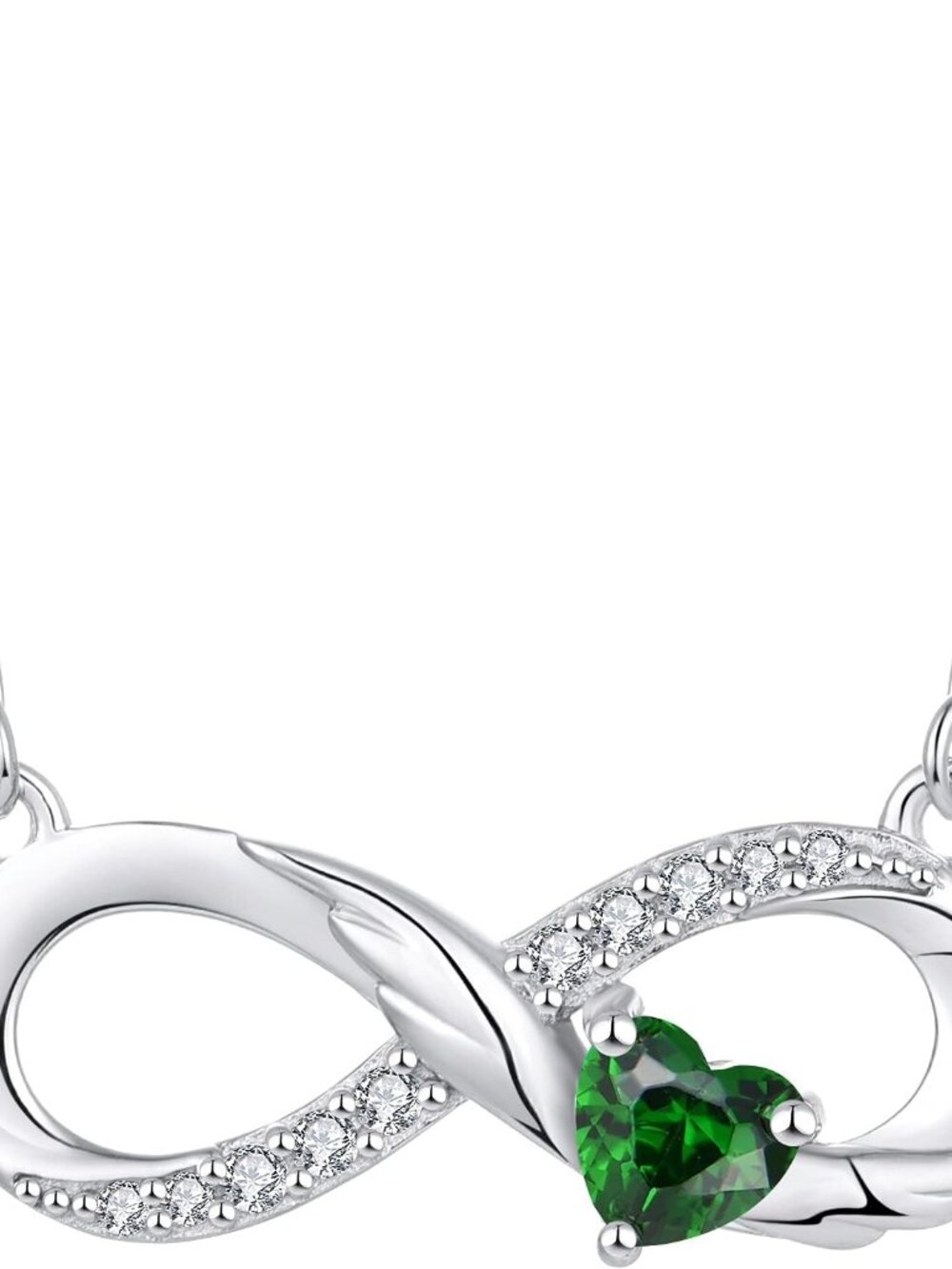 Stunning Infinity Necklace with Emerald Heart & Angel Wings - Sterling Silver